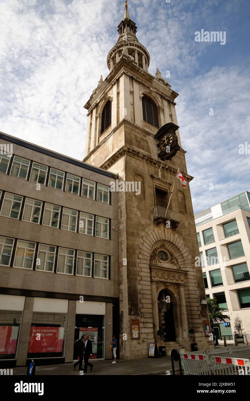 St Mary Le Bow church bell tower. Cheapside, London. Rebuilt after the Second World War. Modern fairly ugly building attached to it! Stock Photo