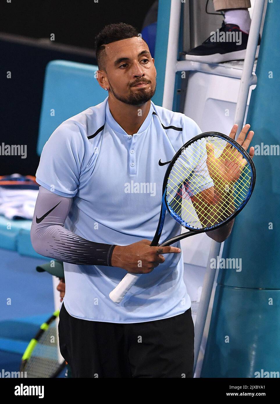 Nick Kyrgios of Australia reacts after defeating Ryan Harrison of USA in  the Men's final at the Brisbane International Tennis Tournament in  Brisbane, Sunday, January 7, 2018. (AAP Image/Dave Hunt Stock Photo -