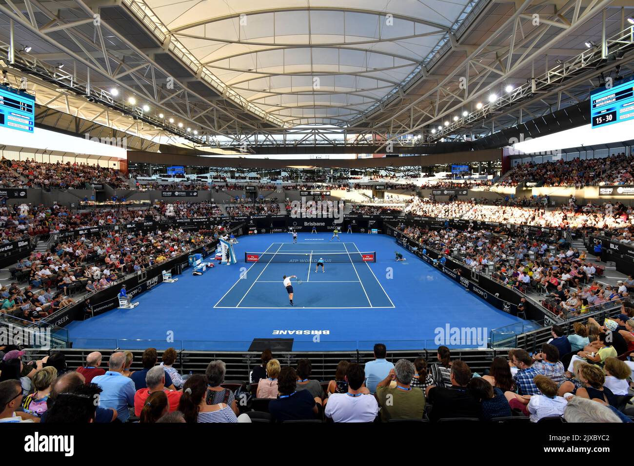 General view of Pat Rafter Arena during the men's doubles final played  between Henri Kontinen of Finland and John Peers of Australia against  Leonardo Mayer and Horacio Zeballos of Argentina at the