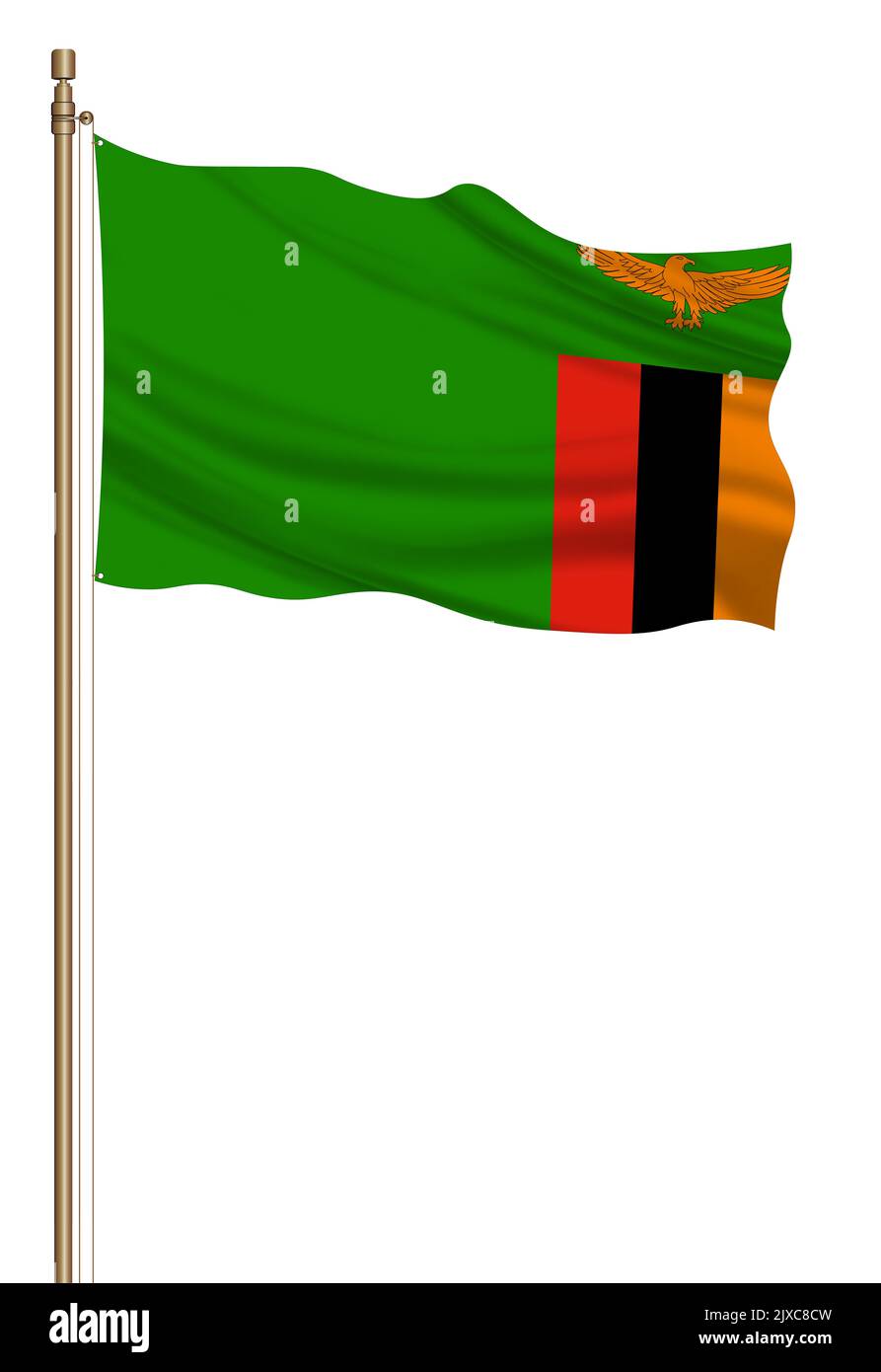 3D Flag of Zambia on a pillar blown away isolated on a white background. Stock Photo