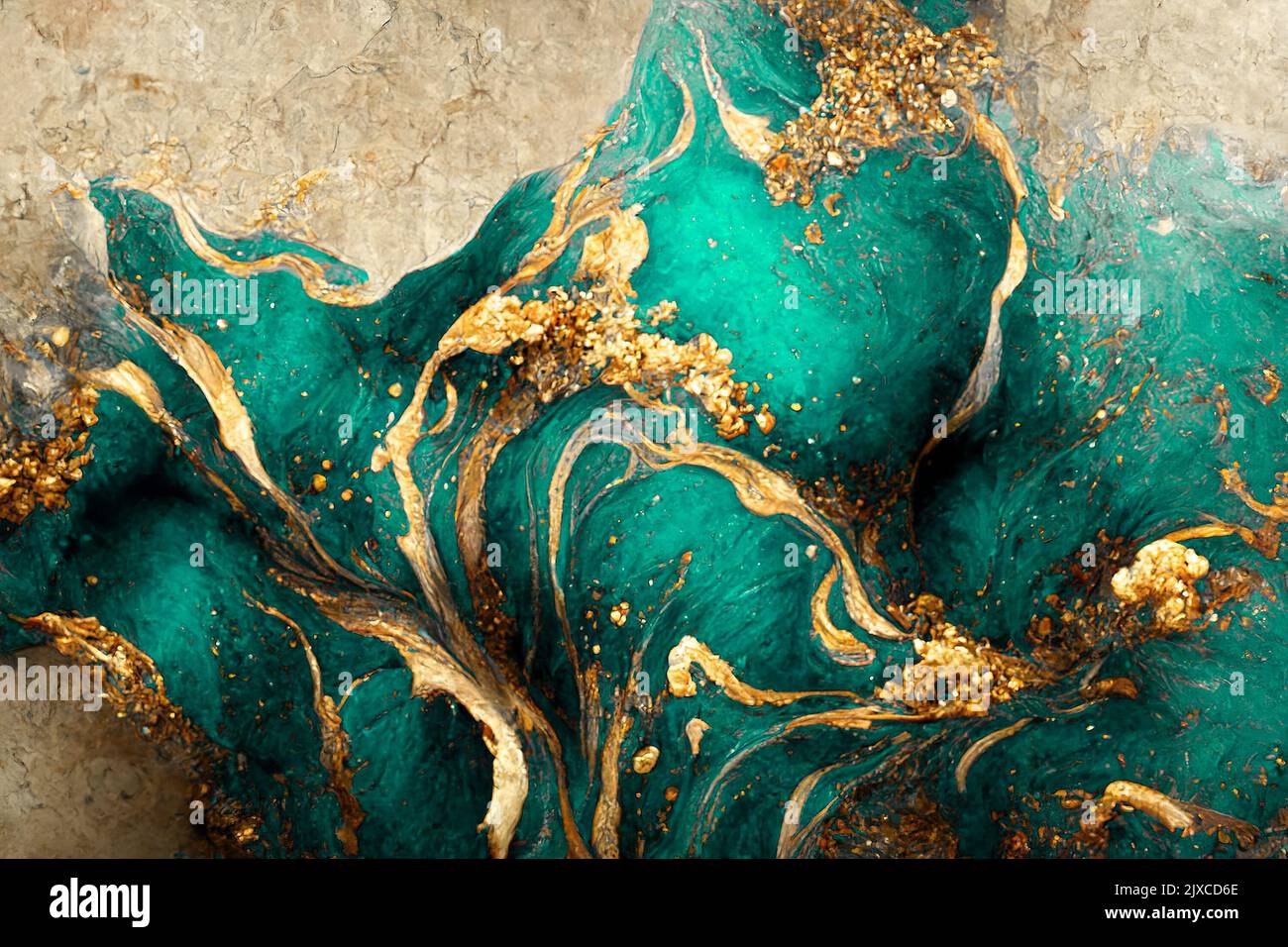 Spectacular realistic abstract backdrop of a whirlpool of teal and gold. Digital art 3D illustration. Mable with liquid texture like turbulent waves Stock Photo