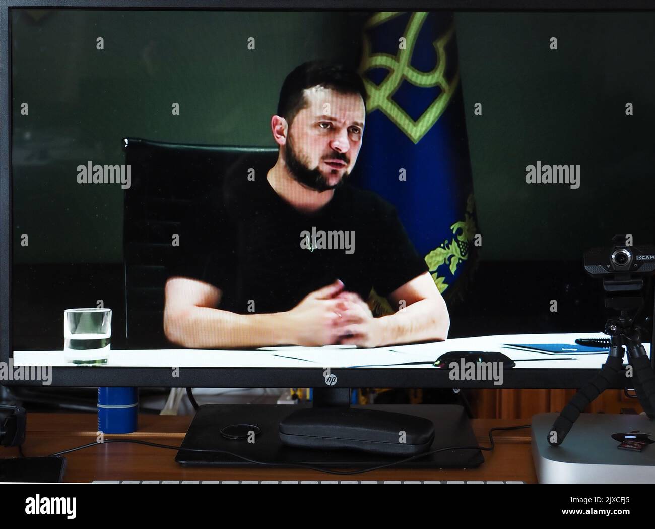 A screen shot showing the President of Ukraine Volodymyr Zelensky during an online conference with the US business community. During his speech, he told businessmen about the prospects for Ukraine after the end of the war with Russia. Stock Photo