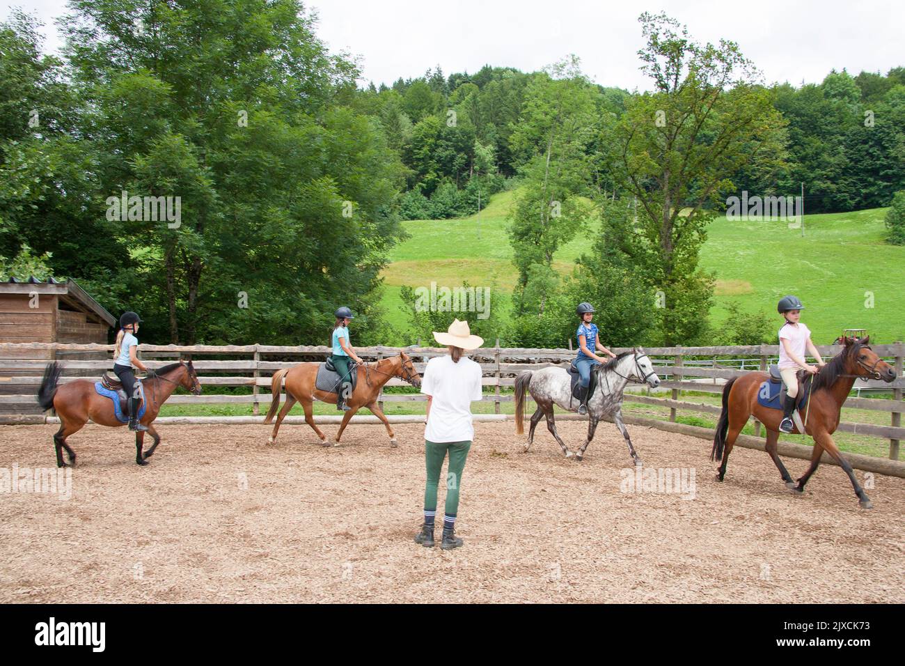 Domestic horse. A riding instructor gives a group lessons. Switzerland Stock Photo