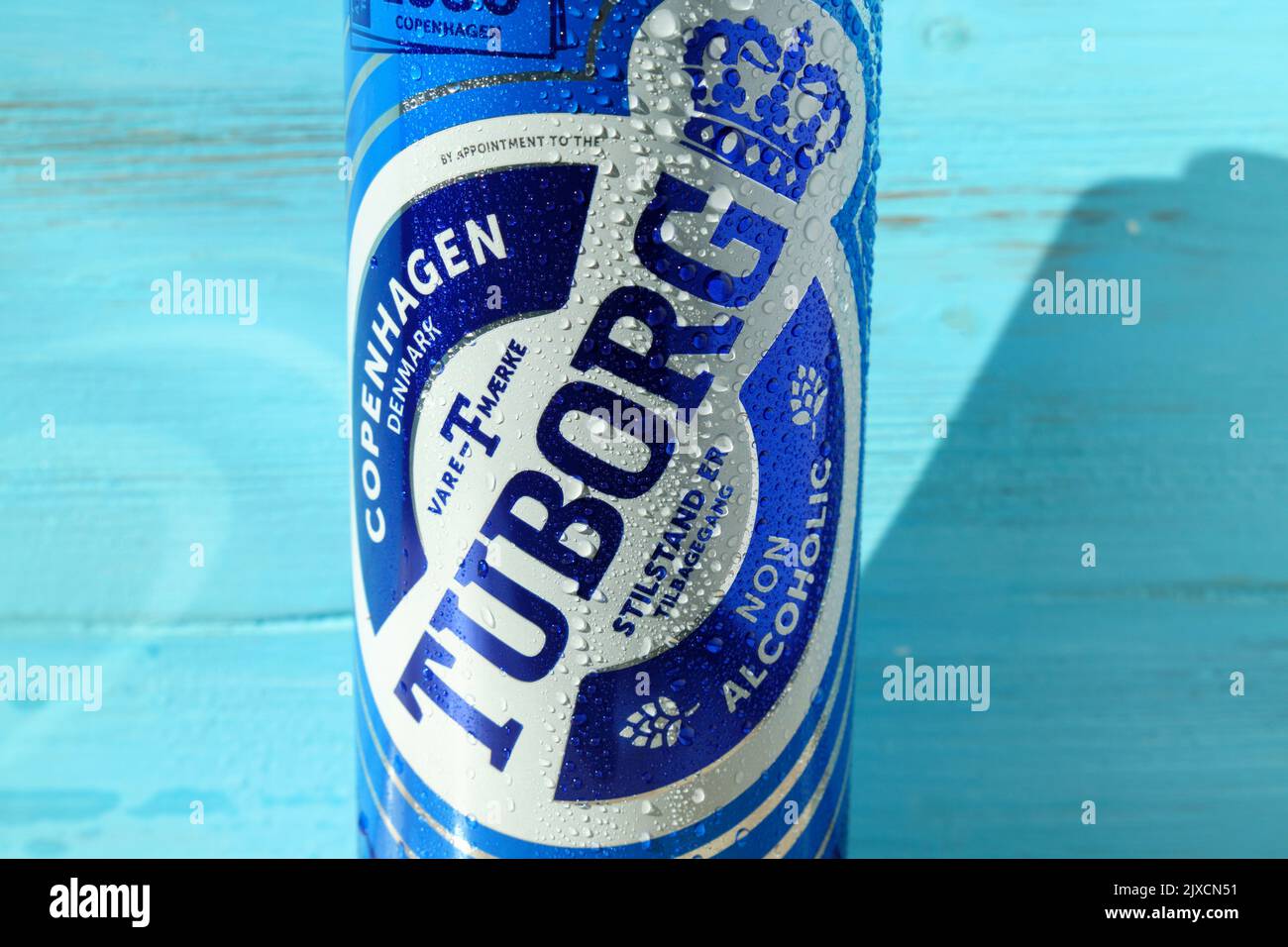 Tyumen, Russia-August 02, 2022: Tuborg beer non alcoholic can. Tuborg advertisement concept with blue color. Stock Photo