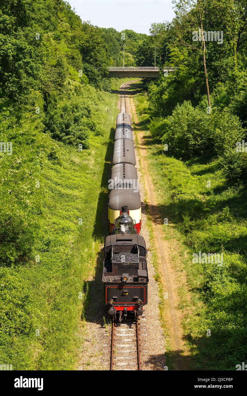 Miljoenenlijn steam train locomotive museum railway rail portrait format near Kerkrade in the Netherlands Stock Photo