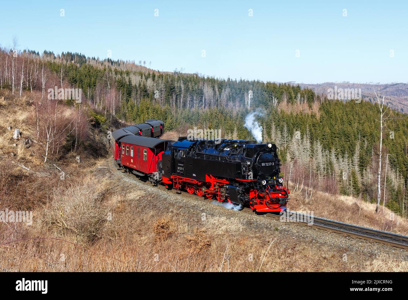Brockenbahn Steam train locomotive railway rail near Drei Annen Hohne in Germany Stock Photo