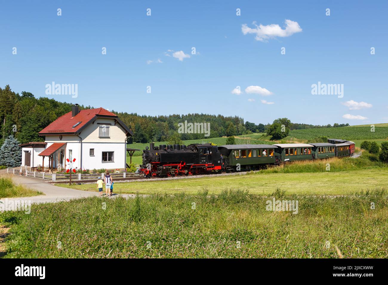 Öchsle steam train locomotive railway rail in Ochsenhausen Wennedach, Germany Stock Photo