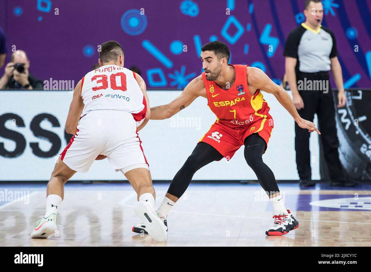 Tbilisi, Georgia, 6th September 2022. Jaime Fernandez of Spain defending during the FIBA EuroBasket 2022 group A match between Montenegro and Spain at Tbilisi Arena in Tbilisi, Georgia. September 6, 2022. Credit: Nikola Krstic/Alamy Stock Photo