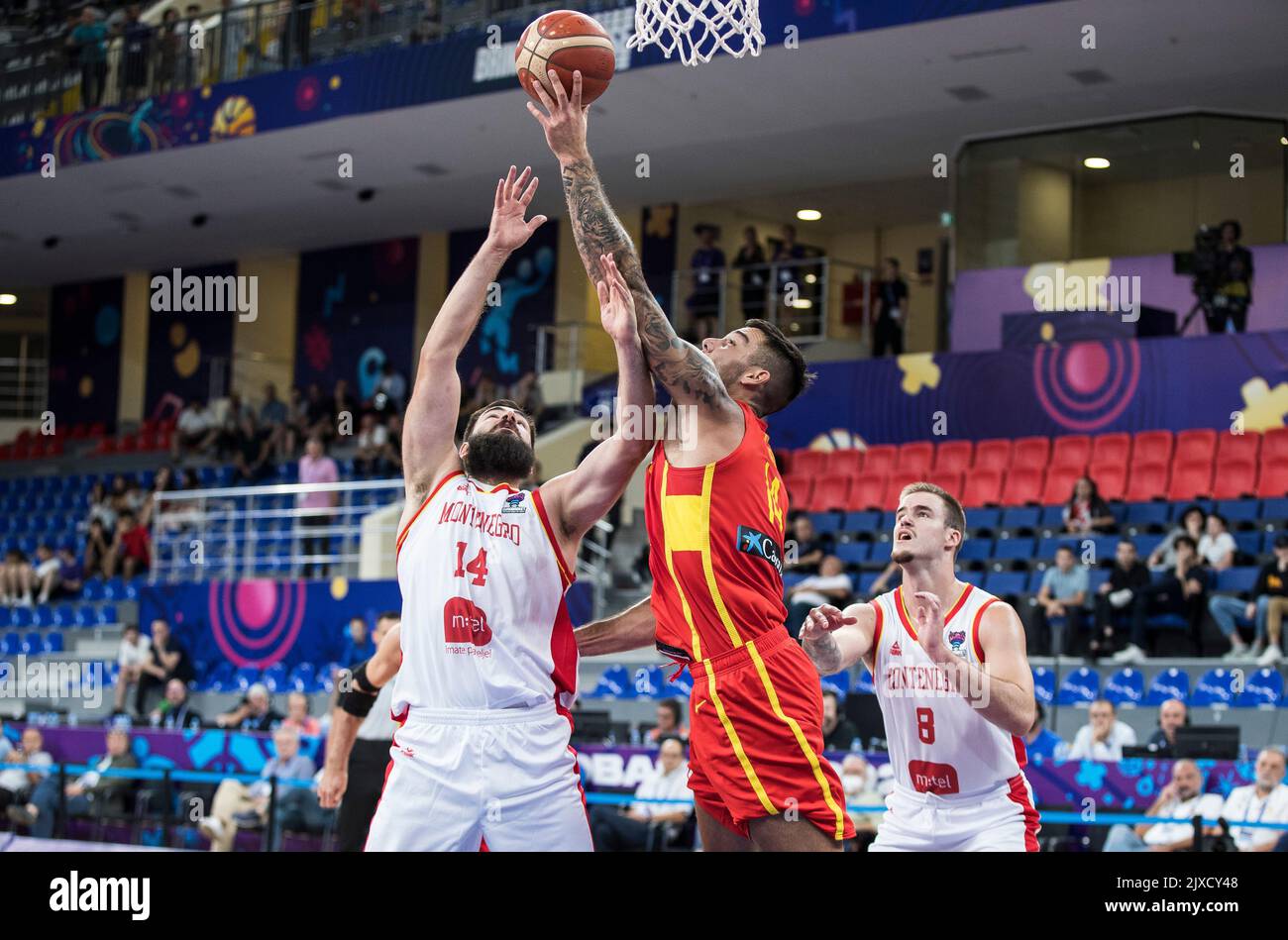 Tbilisi, Georgia, 6th September 2022. Bojan Dubljevic of Montenegro and Willy Hernangomze of Spain in action under the basket during the FIBA EuroBasket 2022 group A match between Montenegro and Spain at Tbilisi Arena in Tbilisi, Georgia. September 6, 2022. Credit: Nikola Krstic/Alamy Stock Photo