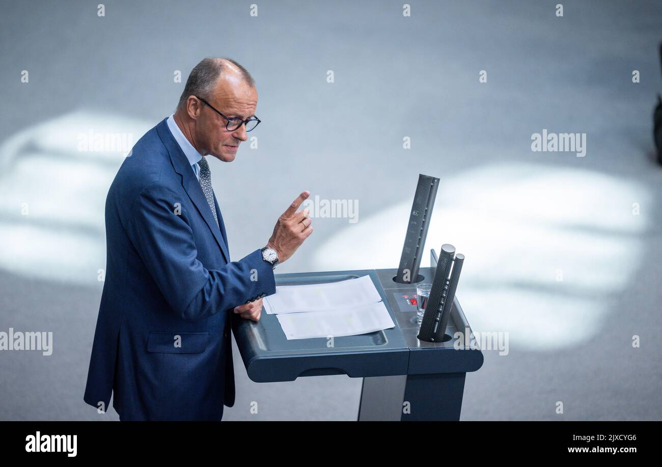 Berlin, Germany. 07th Sep, 2022. Friedrich Merz, CDU Federal Chairman, speaks during the general debate on the budget in the Bundestag. Credit: Michael Kappeler/dpa - ATTENTION: Documents pixelated/dpa/Alamy Live News Stock Photo