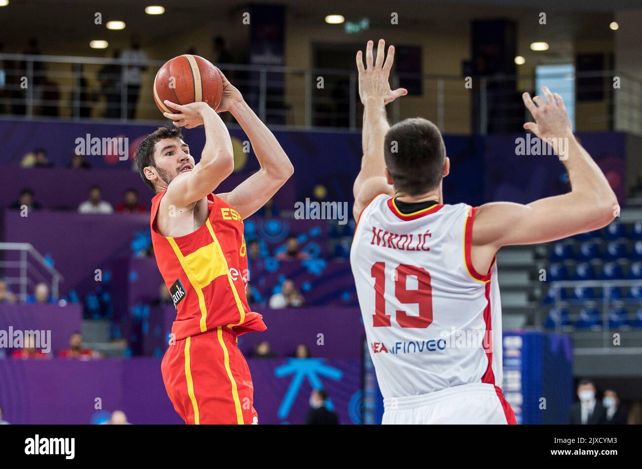 Tbilisi, Georgia, 6th September 2022. Dario Brizuela of Spain shoots for three points during the FIBA EuroBasket 2022 group A match between Montenegro and Spain at Tbilisi Arena in Tbilisi, Georgia. September 6, 2022. Credit: Nikola Krstic/Alamy Stock Photo