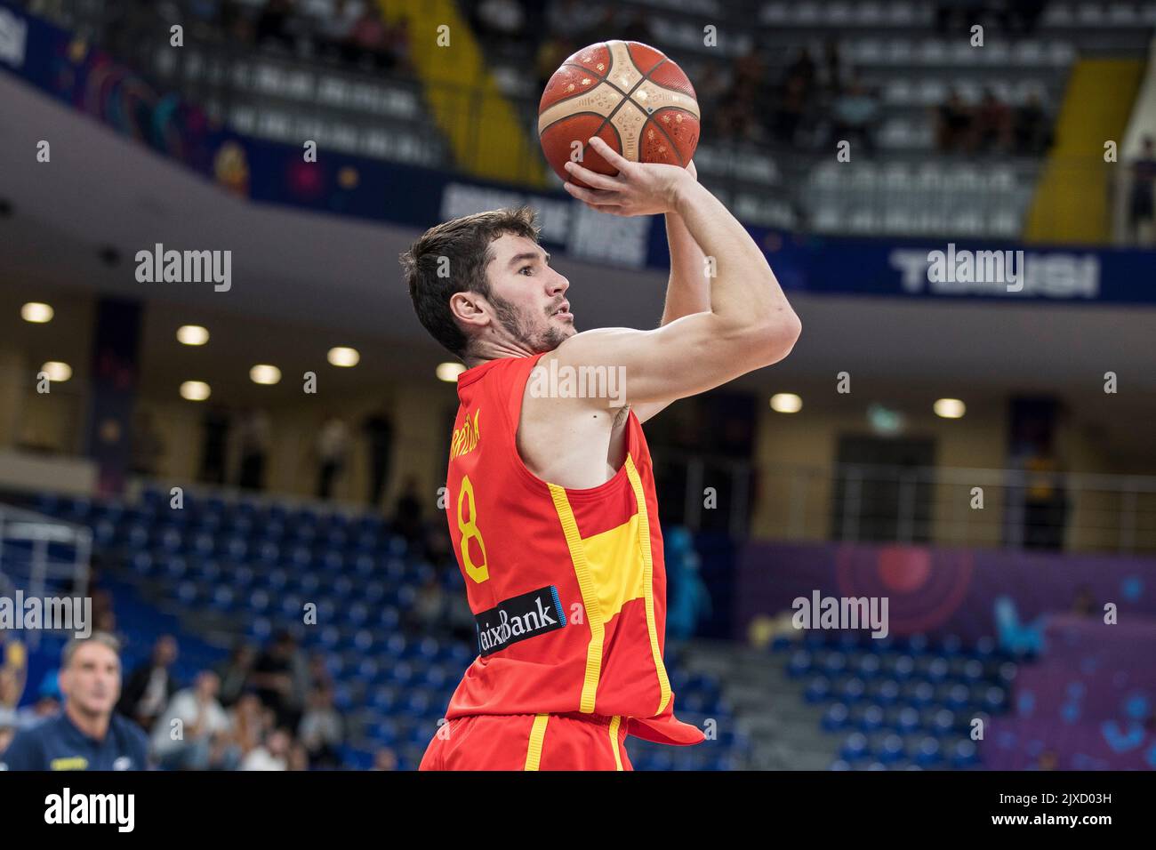 Tbilisi, Georgia, 6th September 2022. Dario Brizuela of Spain shoots for three points during the FIBA EuroBasket 2022 group A match between Montenegro and Spain at Tbilisi Arena in Tbilisi, Georgia. September 6, 2022. Credit: Nikola Krstic/Alamy Stock Photo