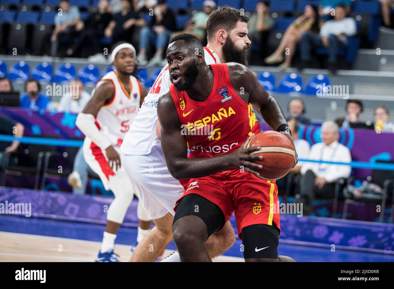 Tbilisi, Georgia, 6th September 2022. Usman Garuba of Spain competes against Bojan Dubljevic of Montenegro under the basket during the FIBA EuroBasket 2022 group A match between Montenegro and Spain at Tbilisi Arena in Tbilisi, Georgia. September 6, 2022. Credit: Nikola Krstic/Alamy Stock Photo