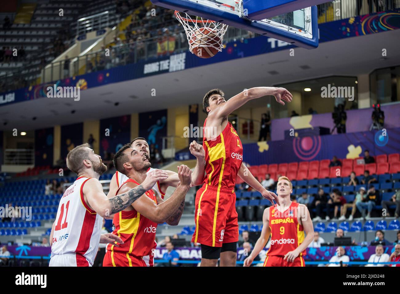 Tbilisi, Georgia, 6th September 2022. Jaime Pradilla of Spain, Willy Hernangomze of Spain in action under the basket during the FIBA EuroBasket 2022 group A match between Montenegro and Spain at Tbilisi Arena in Tbilisi, Georgia. September 6, 2022. Credit: Nikola Krstic/Alamy Stock Photo