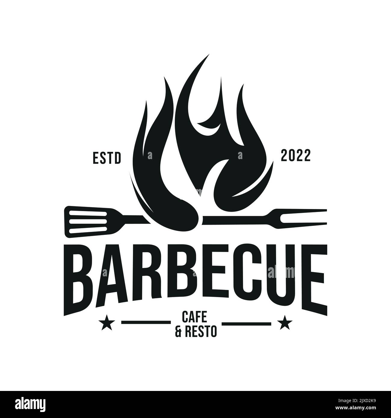 Vintage hipster Grill Restaurant logo with fork and fire spatula. Logo Stamp vector design Stock Vector