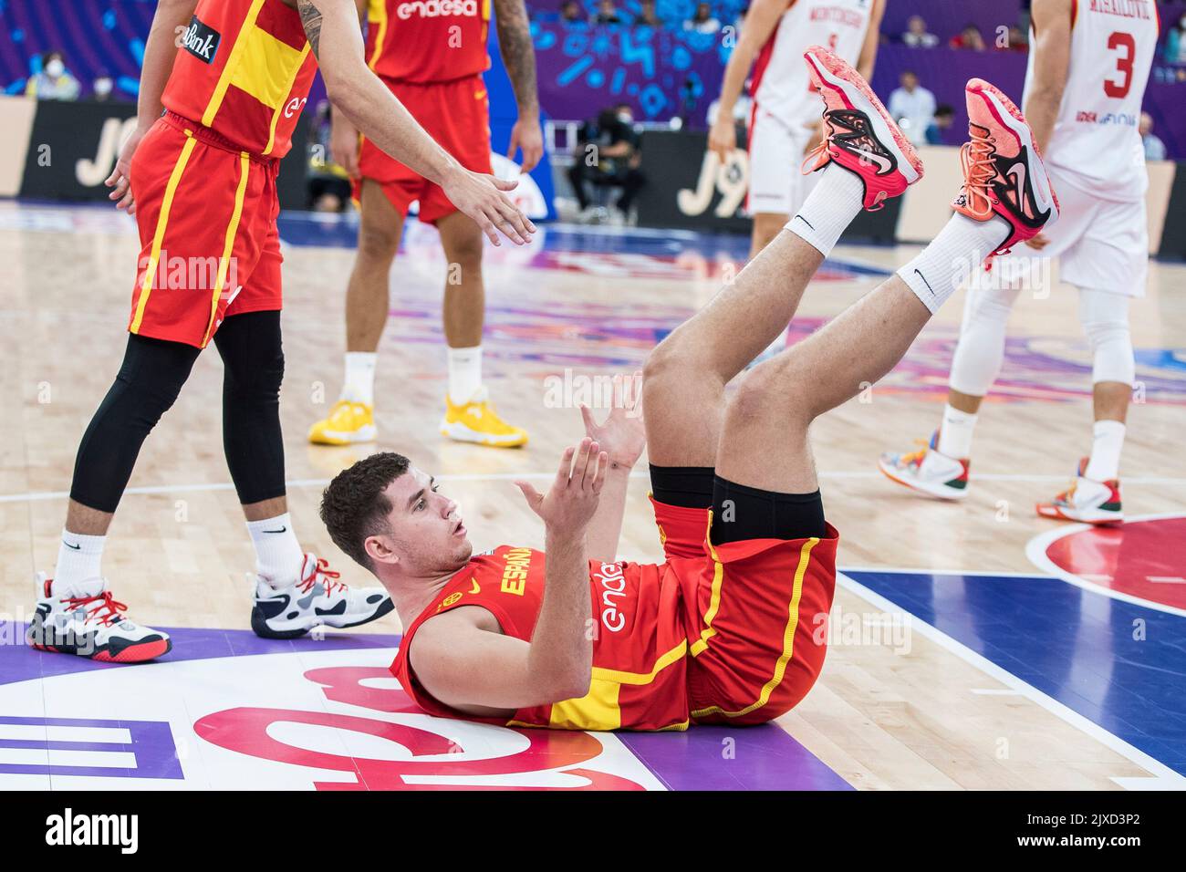 Tbilisi, Georgia, 6th September 2022. Joel Parra of Spain goes down during the FIBA EuroBasket 2022 group A match between Montenegro and Spain at Tbilisi Arena in Tbilisi, Georgia. September 6, 2022. Credit: Nikola Krstic/Alamy Stock Photo