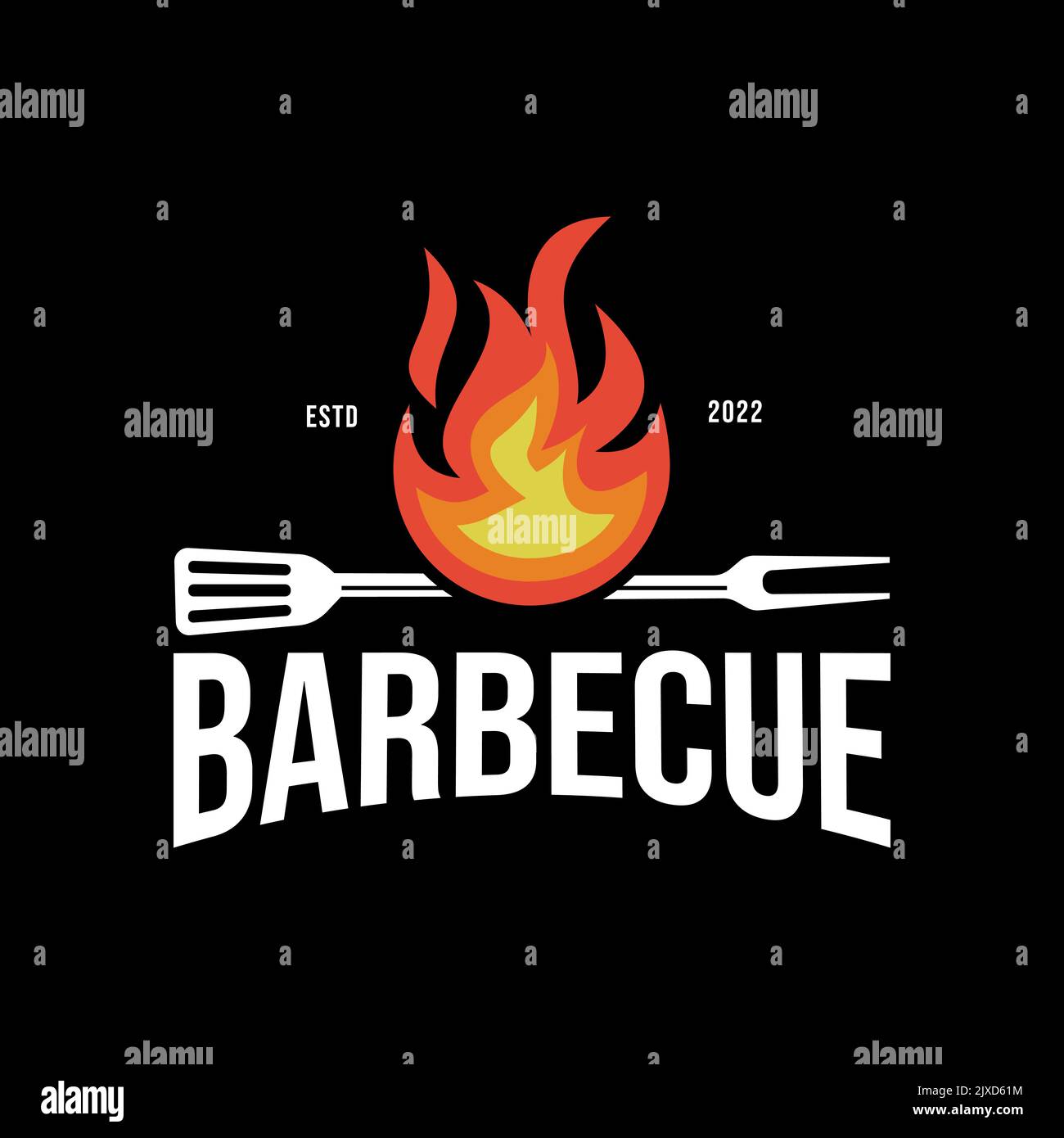 Barbecue grill vintage restaurant logo design - flame fork spatula element, dark background Stock Vector