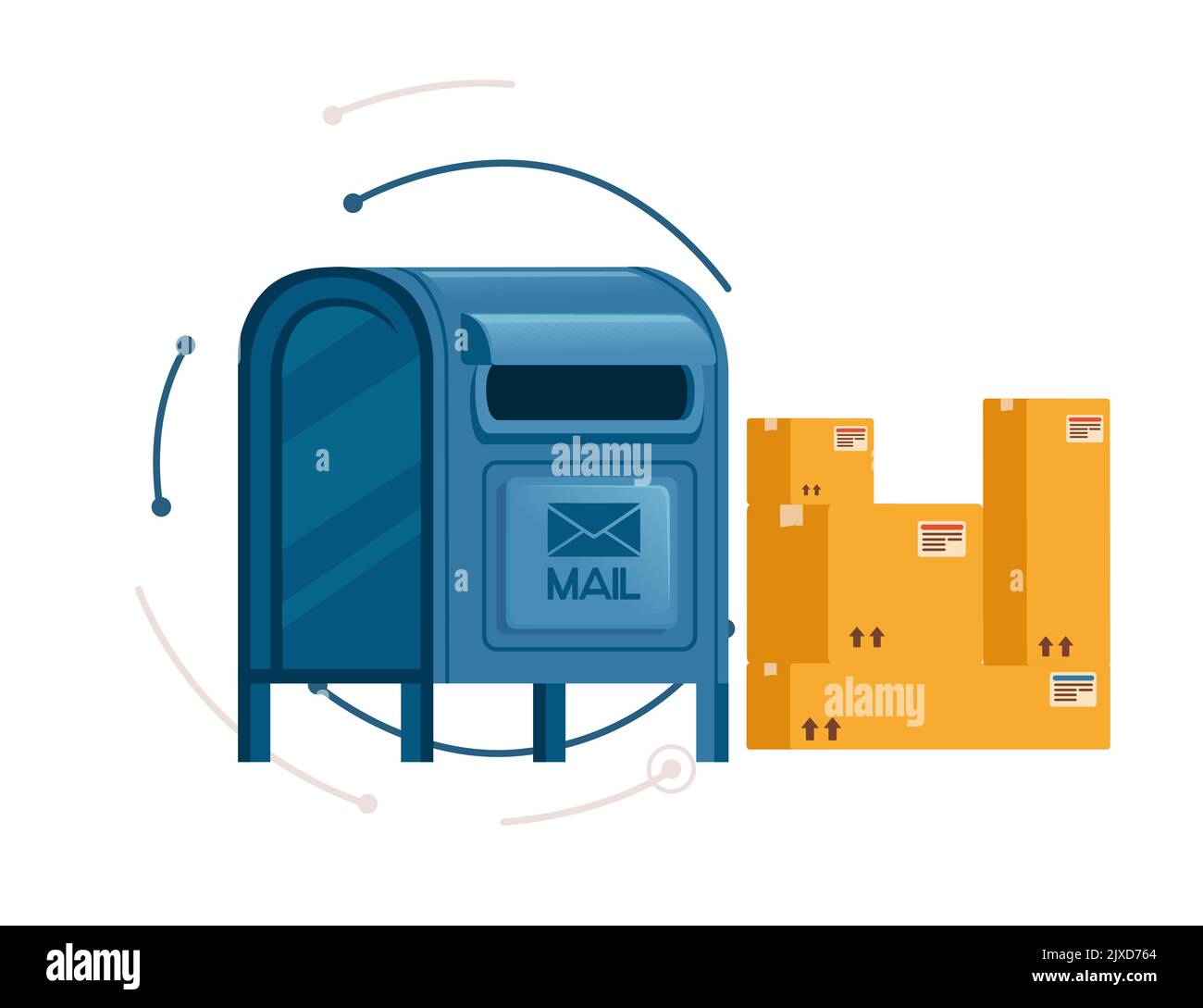 Blue classic mailbox with cardboard boxes ready to send package