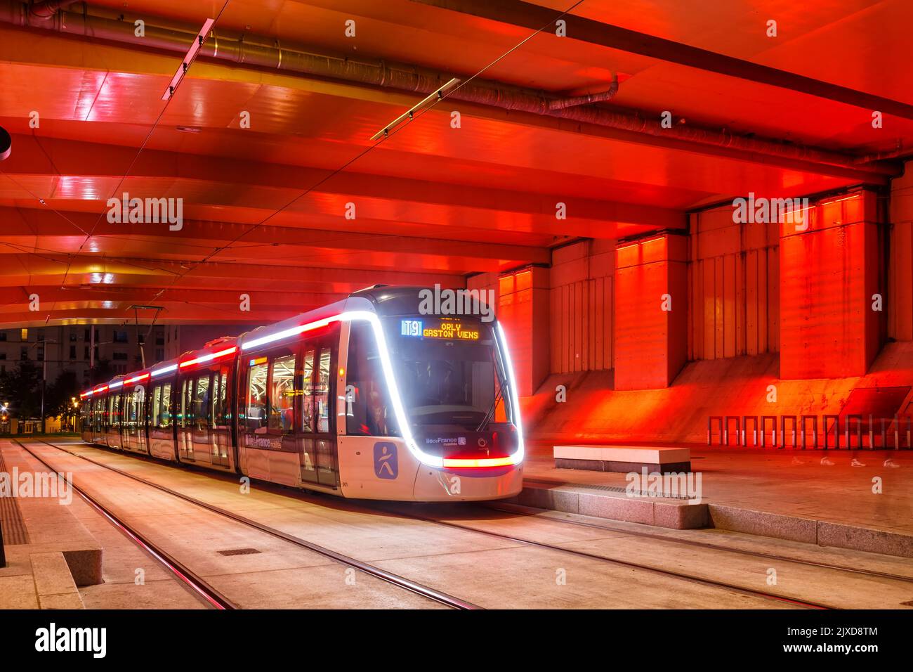 Paris, France - June 5, 2022: Modern Alstom Citadis X05 light rail tram on line T9 at Trois Communes stop public transport transit transportation in P Stock Photo