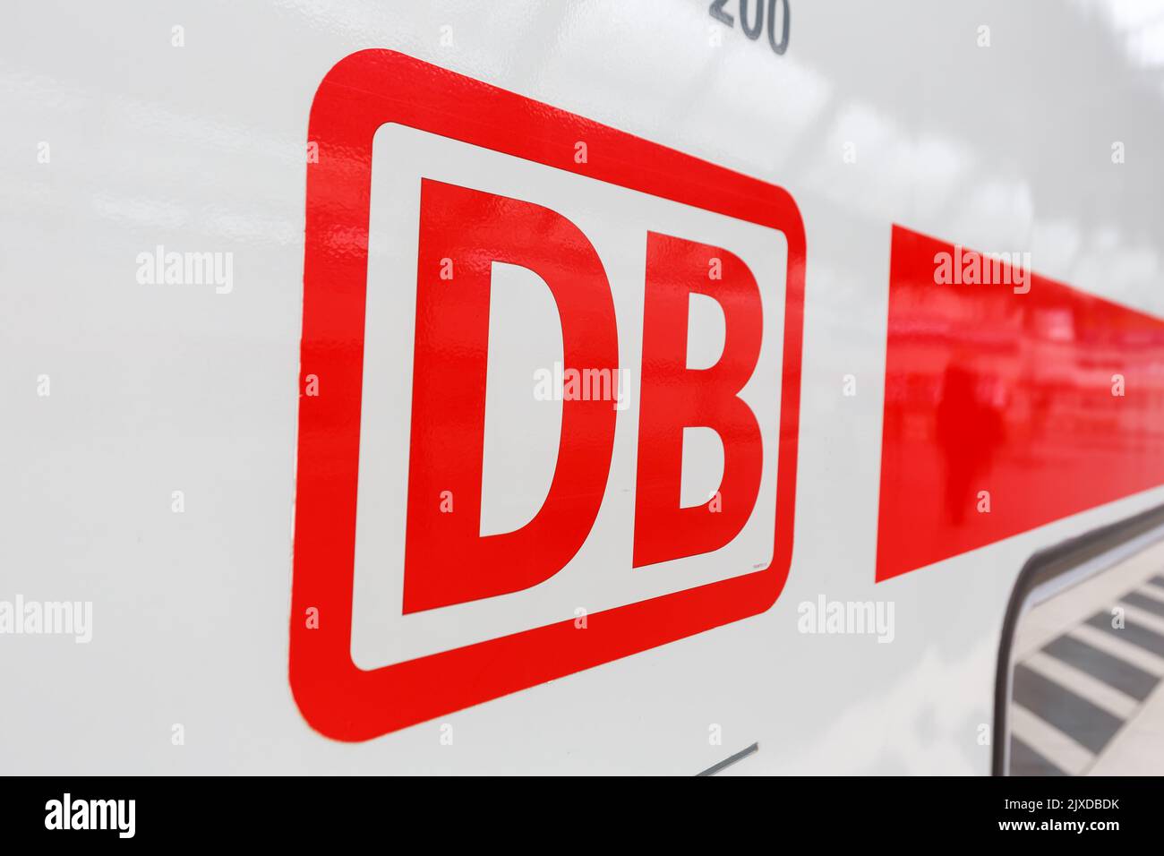 Karlsruhe, Germany - June 30, 2022: DB logo sign on an InterCity IC train at main railway station in Karlsruhe, Germany. Stock Photo