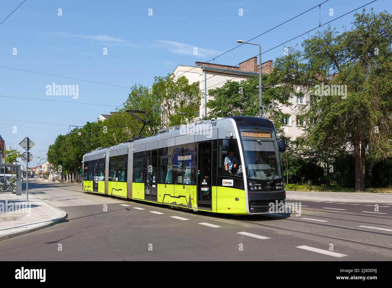 Gorzów Wielkopolski, Poland - July 21, 2022: Tram light rail type Pesa Twist near stop Katedra public transport transit transportation in Gorzów Wielk Stock Photo