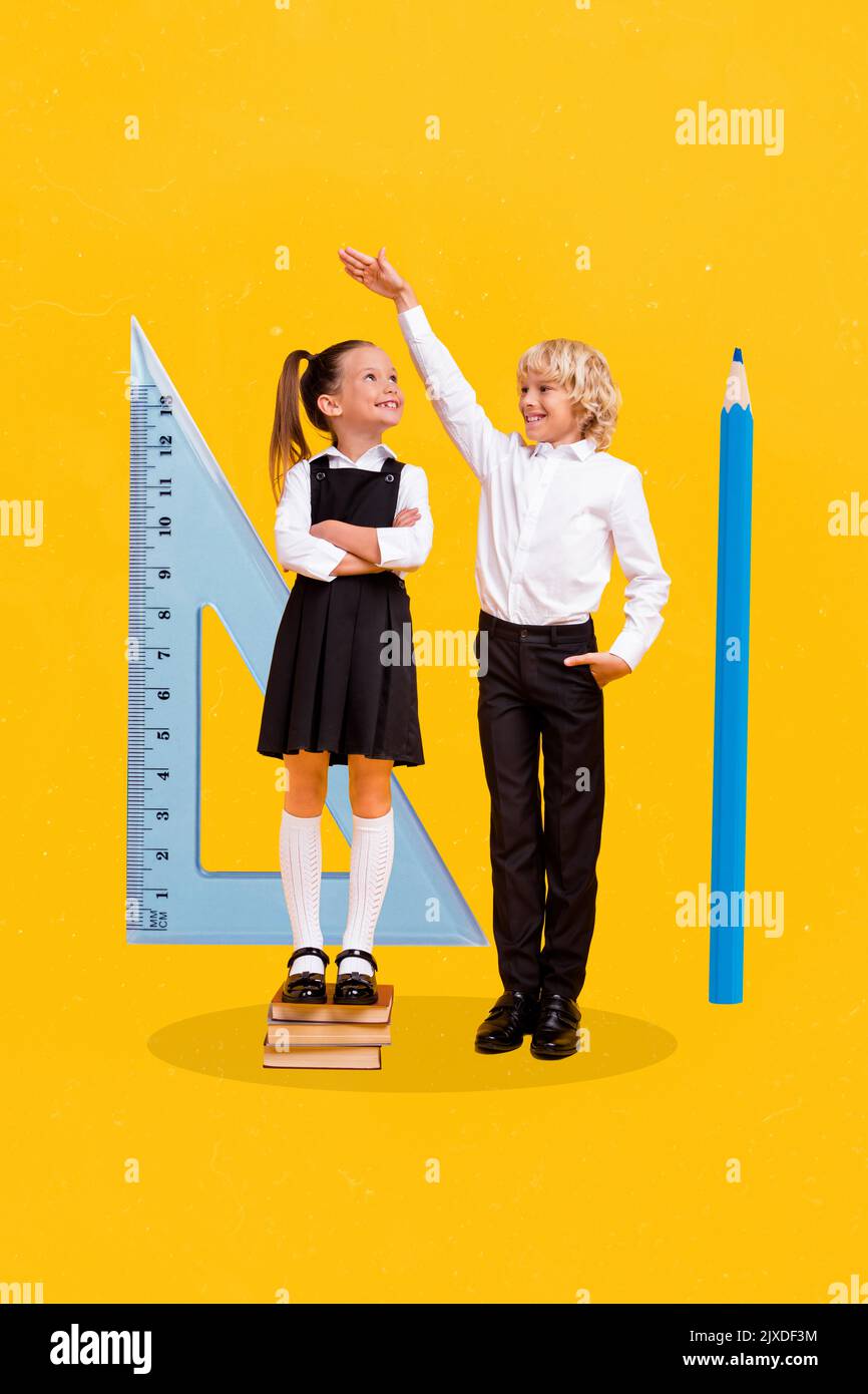 Vertical poster collage photo of little school girl boy measure size wear uniform isolated on painting yellow color background Stock Photo