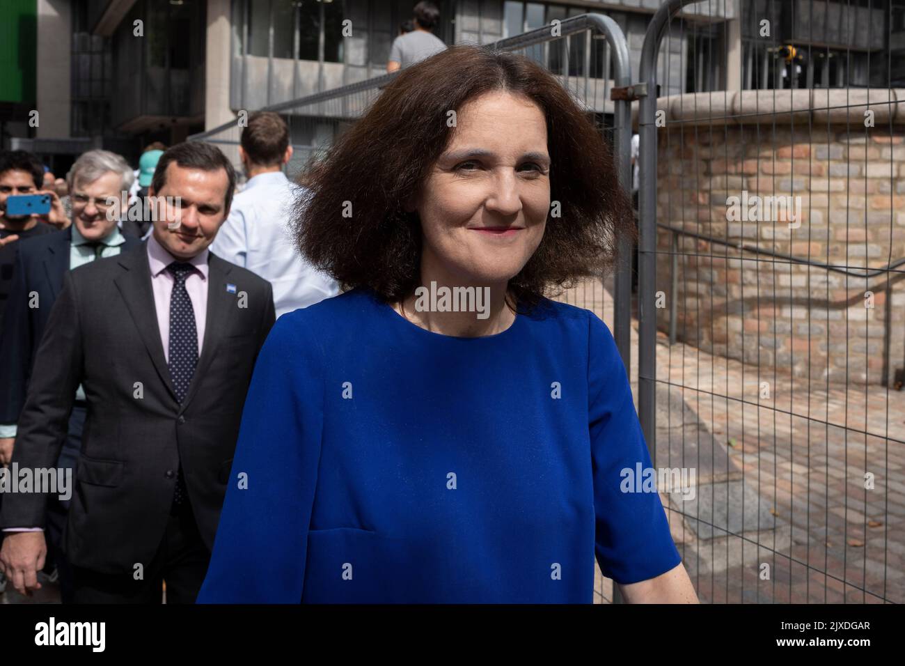 On the day that Liz Truss MP was elected by Conservative Party members, to replace Boris Johnson and be their new leader and the UK's next Prime Minister, Theresa Villiers MP leaves Queen Elizabeth Hall after the vote result in Westminster, on 5th September 2022, in London, England. In a 2 month-long candidate election that followed Johnson's removal from office, Truss beat her last rival Rishi Sunak, with a majority of 57% of the vote. Stock Photo