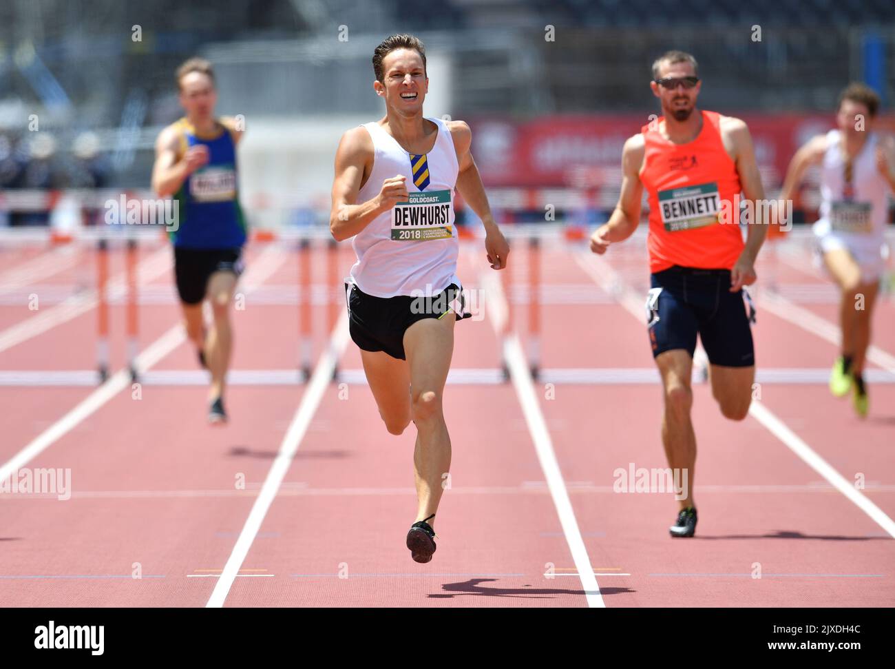 Ian Dewhurst (centre) on his way to winning the mens 400 metre hurdles