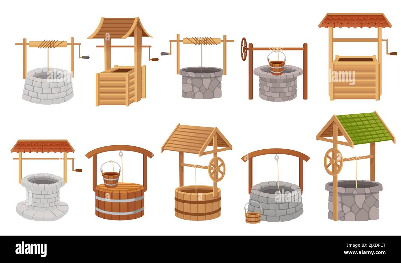 Set of wooden and stone well with rope roof and bucket vector illustration isolated on white background Stock Vector