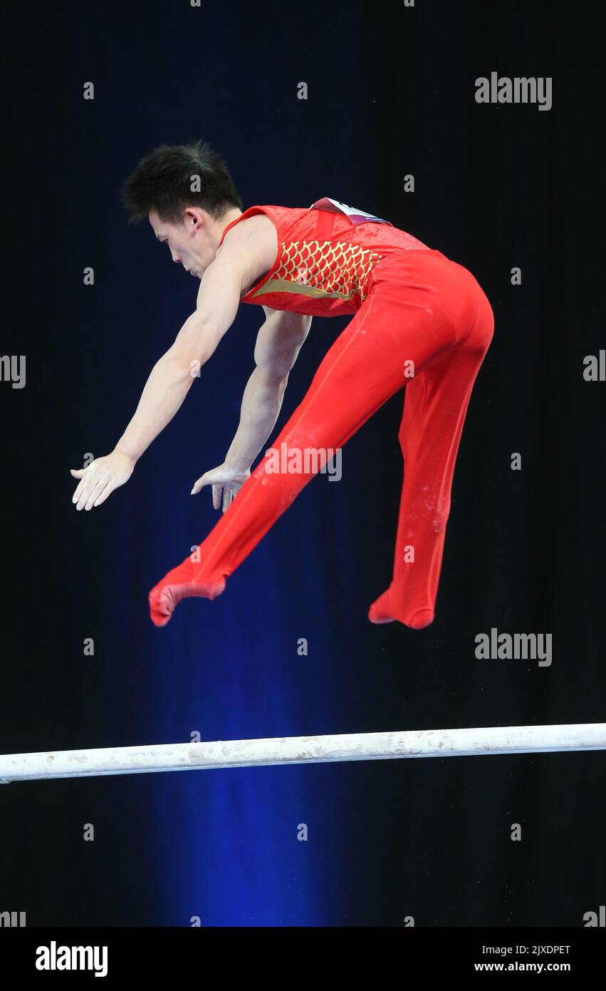 Xiaoming Wu of China competes in the parallel bars during the World Cup ...