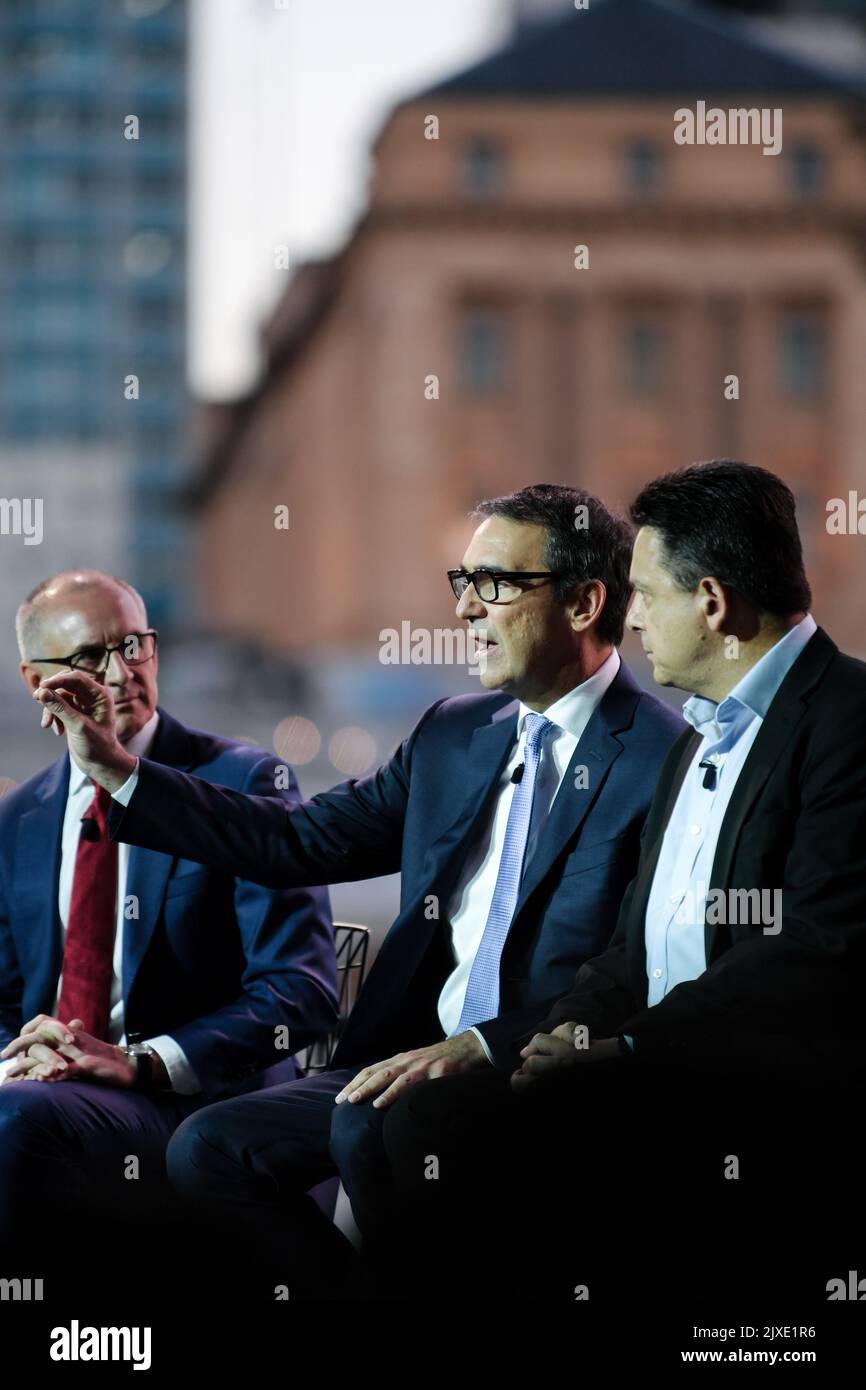 South Australian Premier Jay Weatherill, Opposition Leader Steven Marshall  and SA-BEST leader Nick Xenophon during the South Australian Political  leaders debate at the Adelaide Festival Palais, Monday, March 5, 2018. (AAP  Image/Morgan