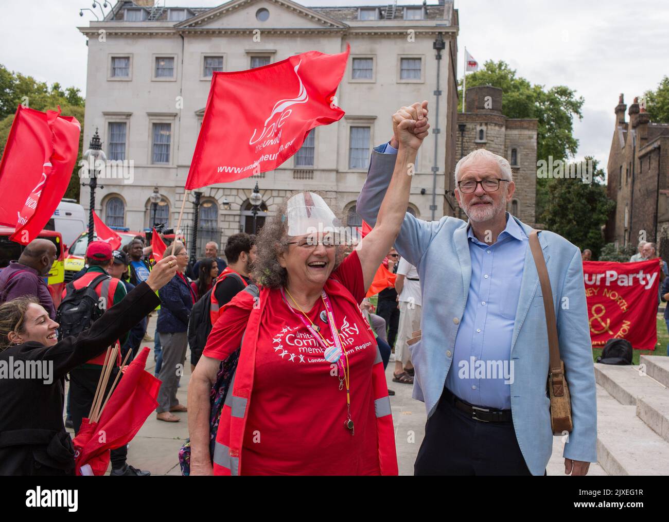 London UK 6th September 2022 Members of the Unite union attend a rally in College Green Westminster to save London bus routes as they could be axed Stock Photo