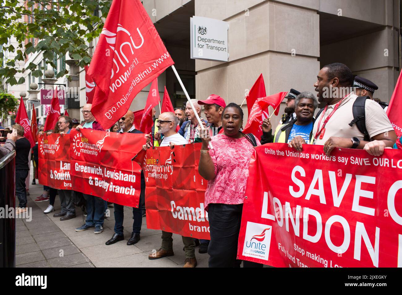London UK 6th September 2022 Members of the Unite union protest outside Department of Transport to save London bus routes Stock Photo