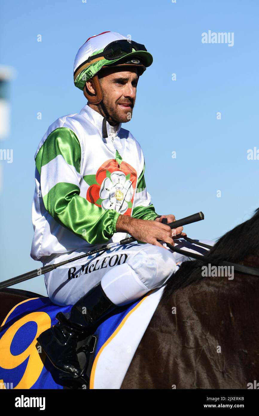 Jockey Rhys McLeod rides Hellava Babe back to scale after winning race ...