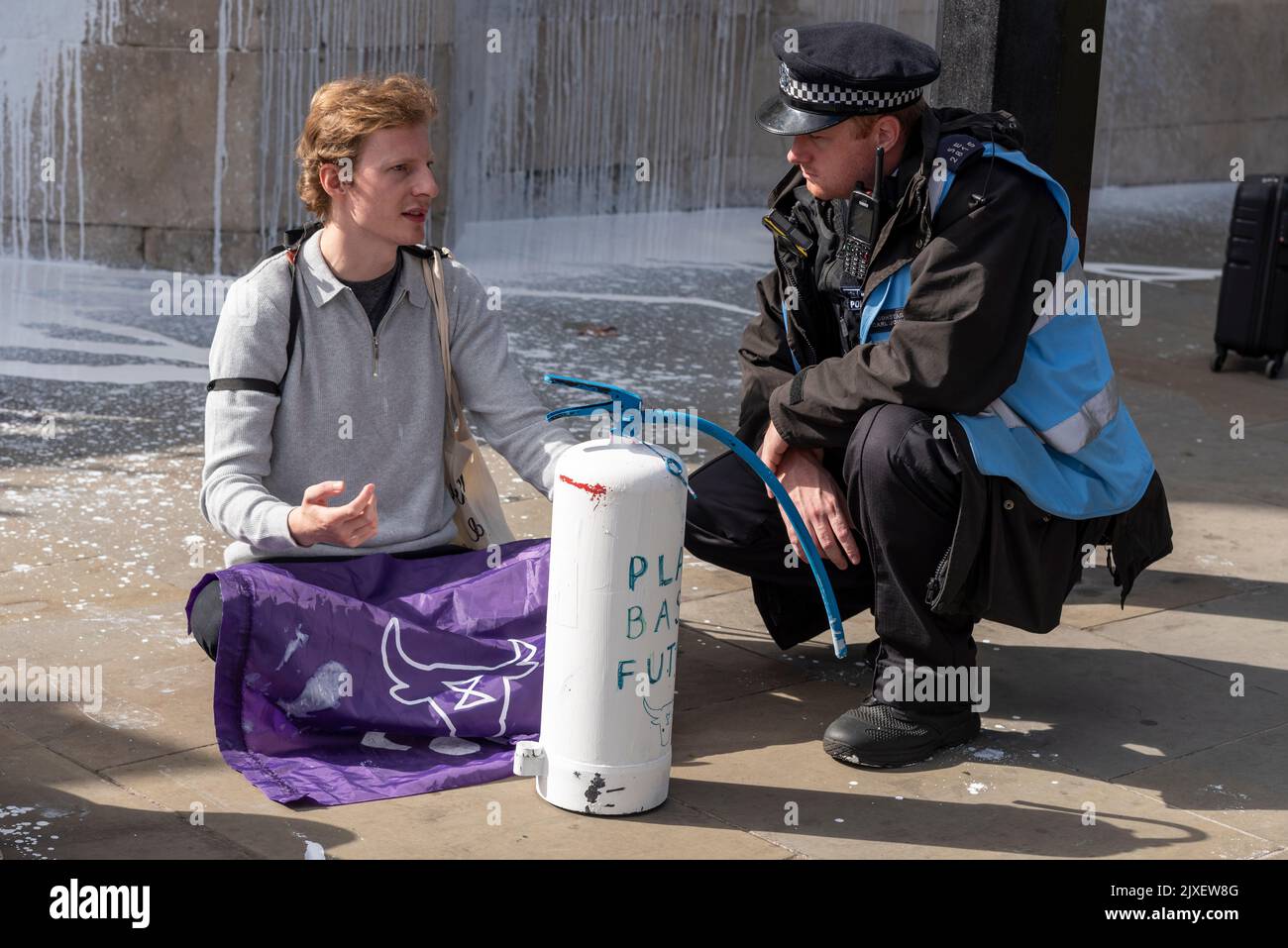 Westminster Bridge Road, Westminster, London, UK. 7th Sep, 2022. Vegan protesters from Animal Rebellion have sprayed white paint over a wall of the Palace of Westminster and blocked the Bridge Street road outside just prior to new Prime Minister Liz Truss arriving at Parliament for PMQs Stock Photo