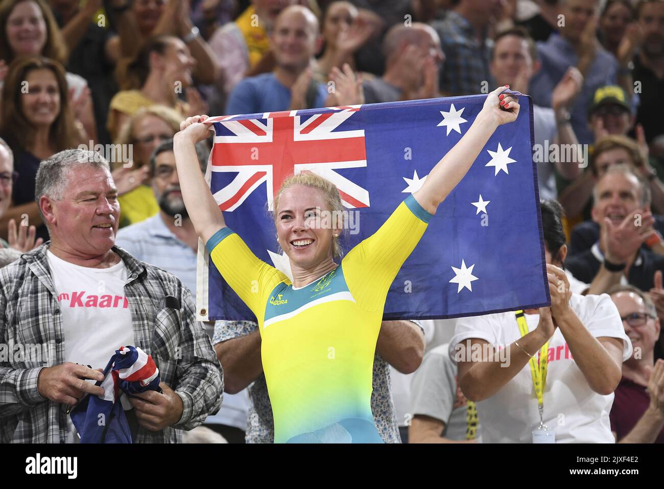 Kaarle McCulloch of Australia celebrates after winning the gold medal in  the Women's 500m Time Trial Final on day three of the track cycling  competition at the XXI Commonwealth Games at the