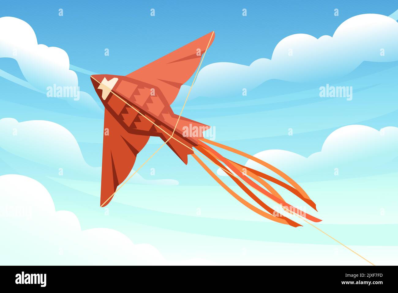 Kite soars in the sky flying colored toy vector illustration with cloudy morning sky on background Stock Vector