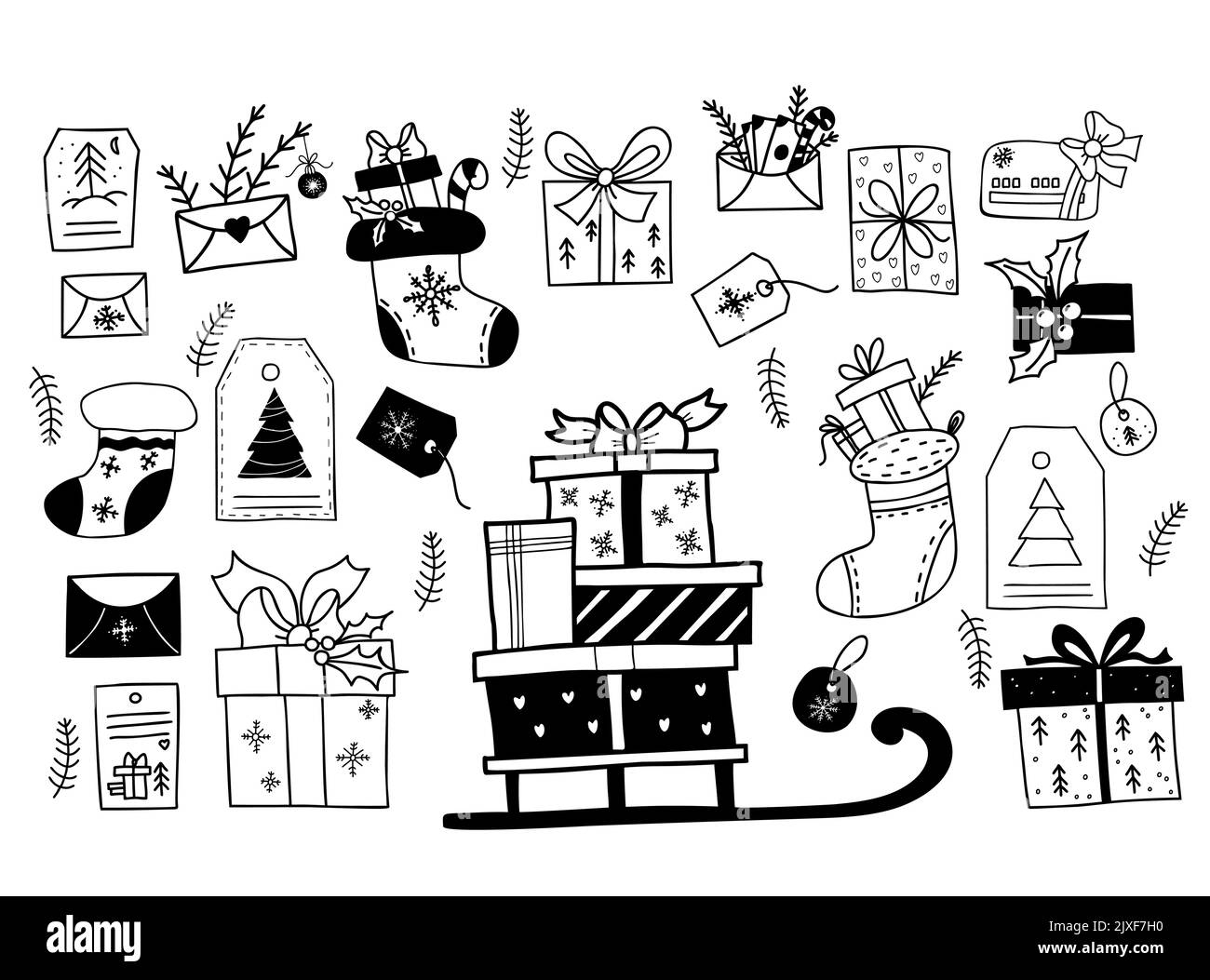 Christmas doodles. Collection New Year decor, sleigh with boxes and
