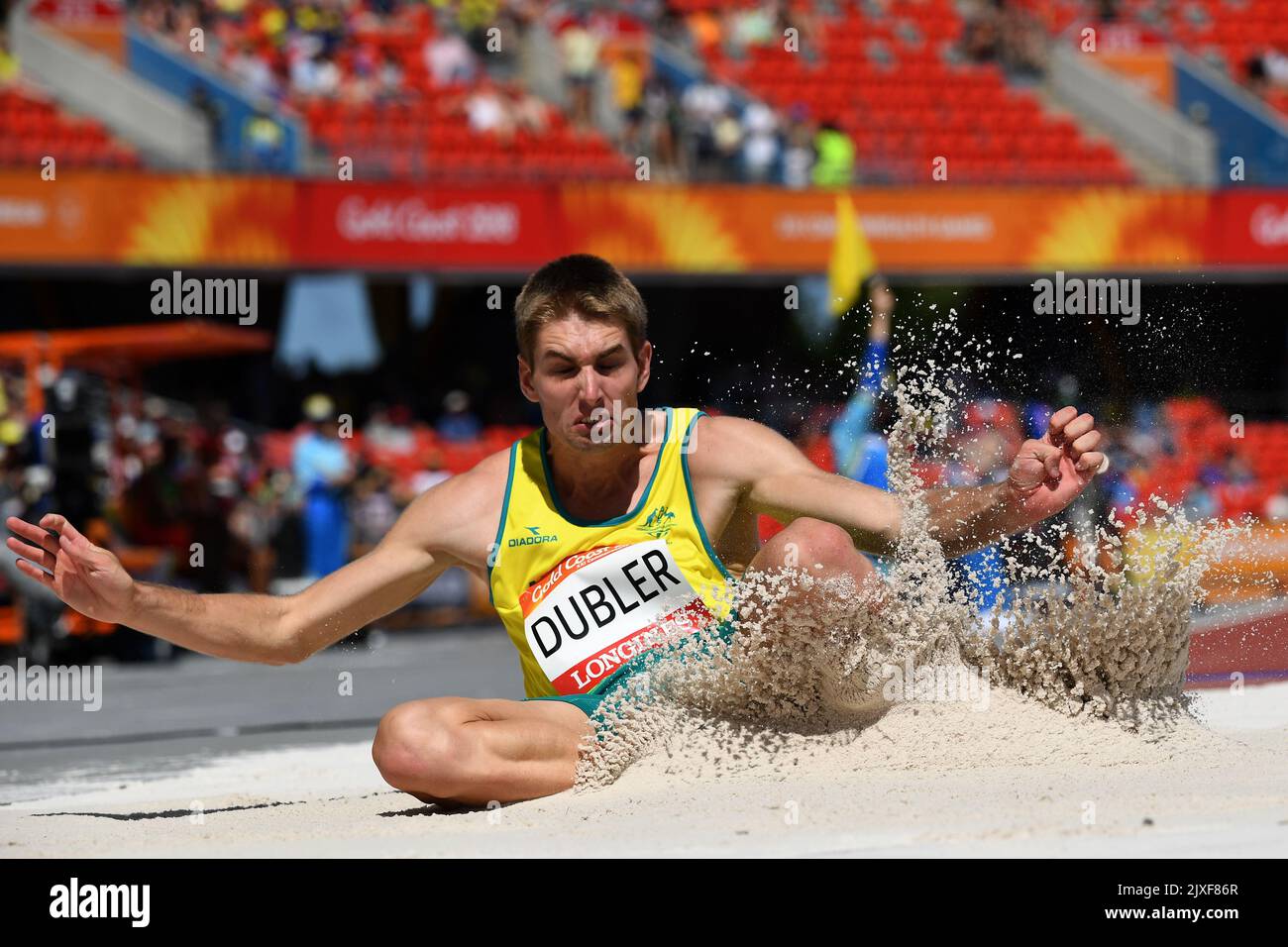 Cedric Dubler of Australia in action during the Men's Decathlon Long Jump  on day five of