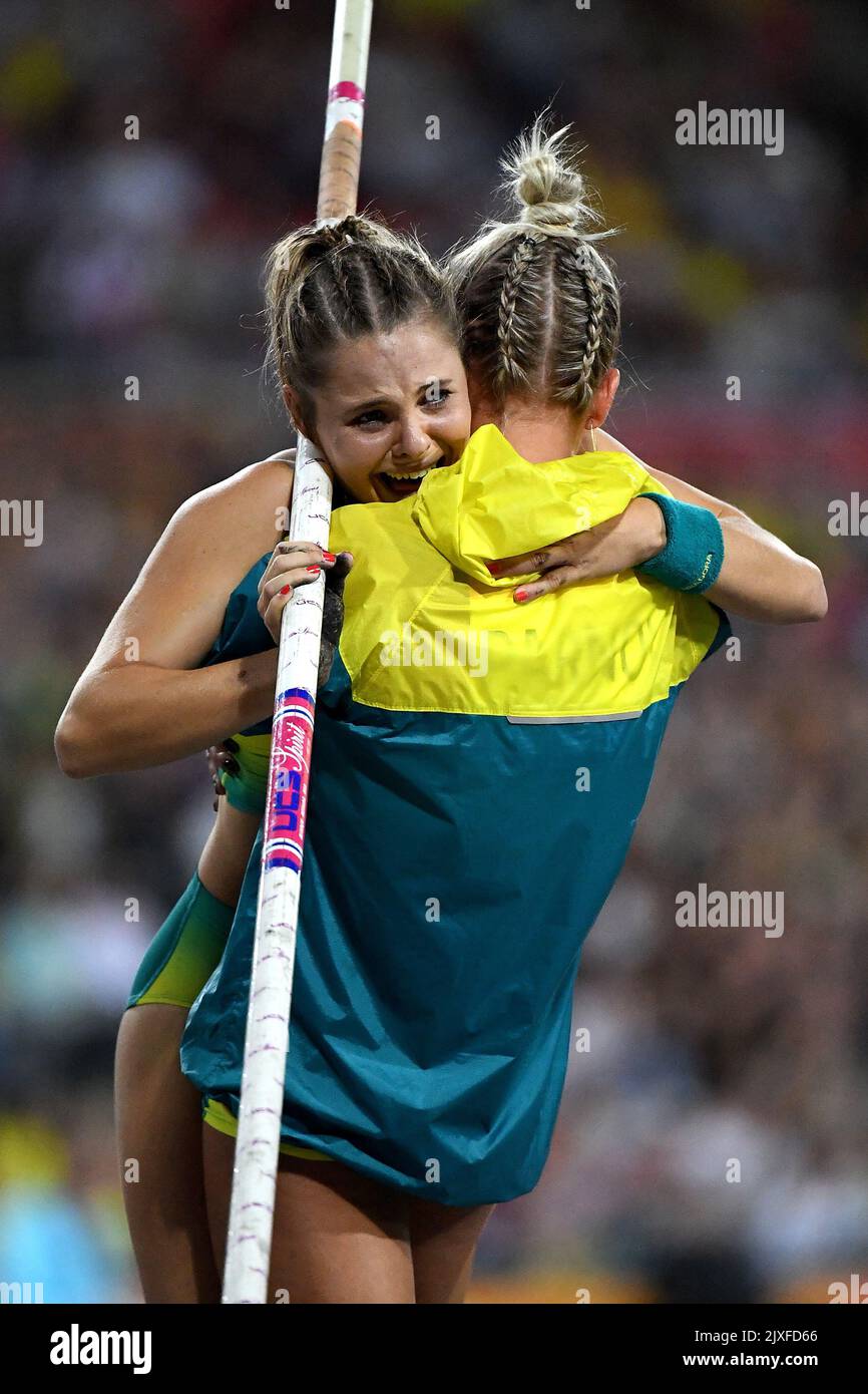 Nina Kennedy of Australia (left) is congratulated by Liz Parnov