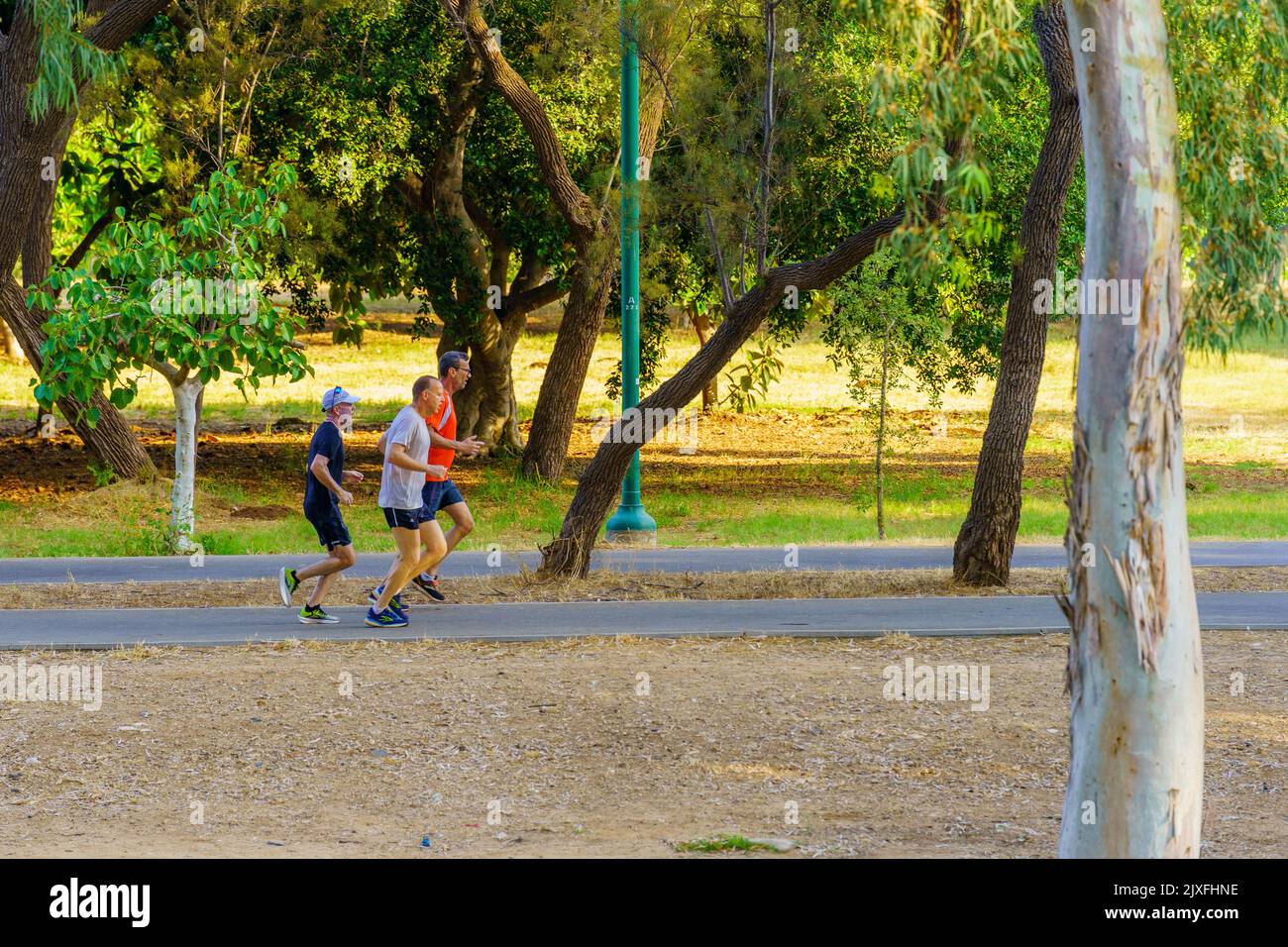 Tel-Aviv, Israel - June 17, 2022: View of joggers, in the Yarkon Park, Tel-Aviv, Israel Stock Photo