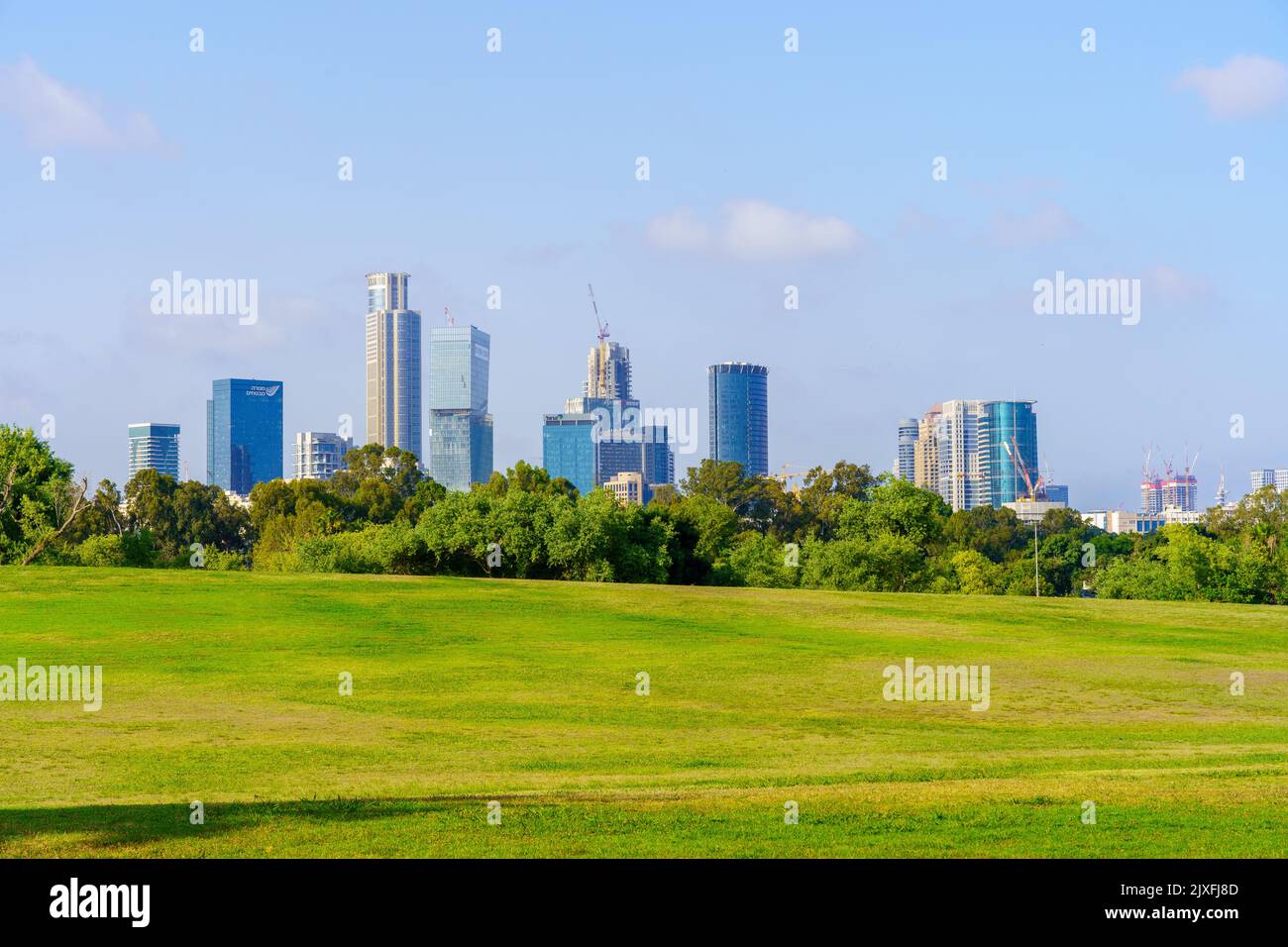 Tel-Aviv, Israel - June 17, 2022: View of lawns, trees, and office buildings in the background, in the Yarkon Park, Tel-Aviv, Israel Stock Photo