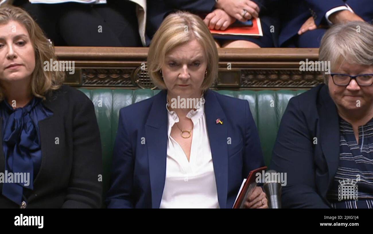 Prime Minister Liz Truss speaks during Prime Minister's Questions in the House of Commons, London. Stock Photo