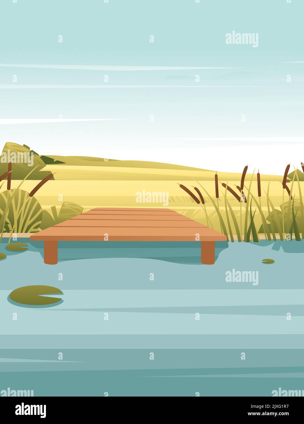 Wooden pier on lake or river landscape with trees and sky vector ...