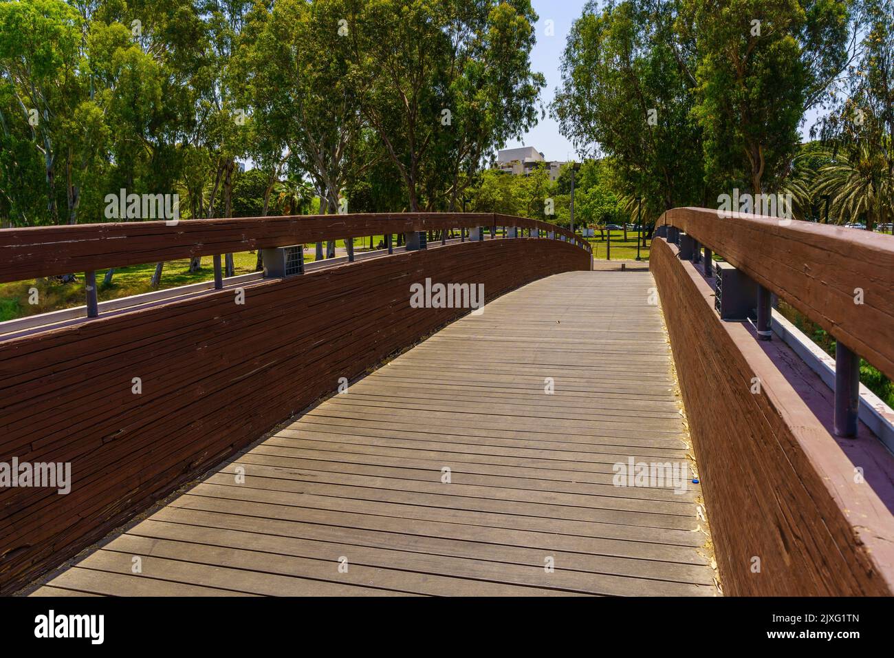 View of a footbridge over the Yarkon river, in the Yarkon Park, Tel-Aviv, Israel Stock Photo