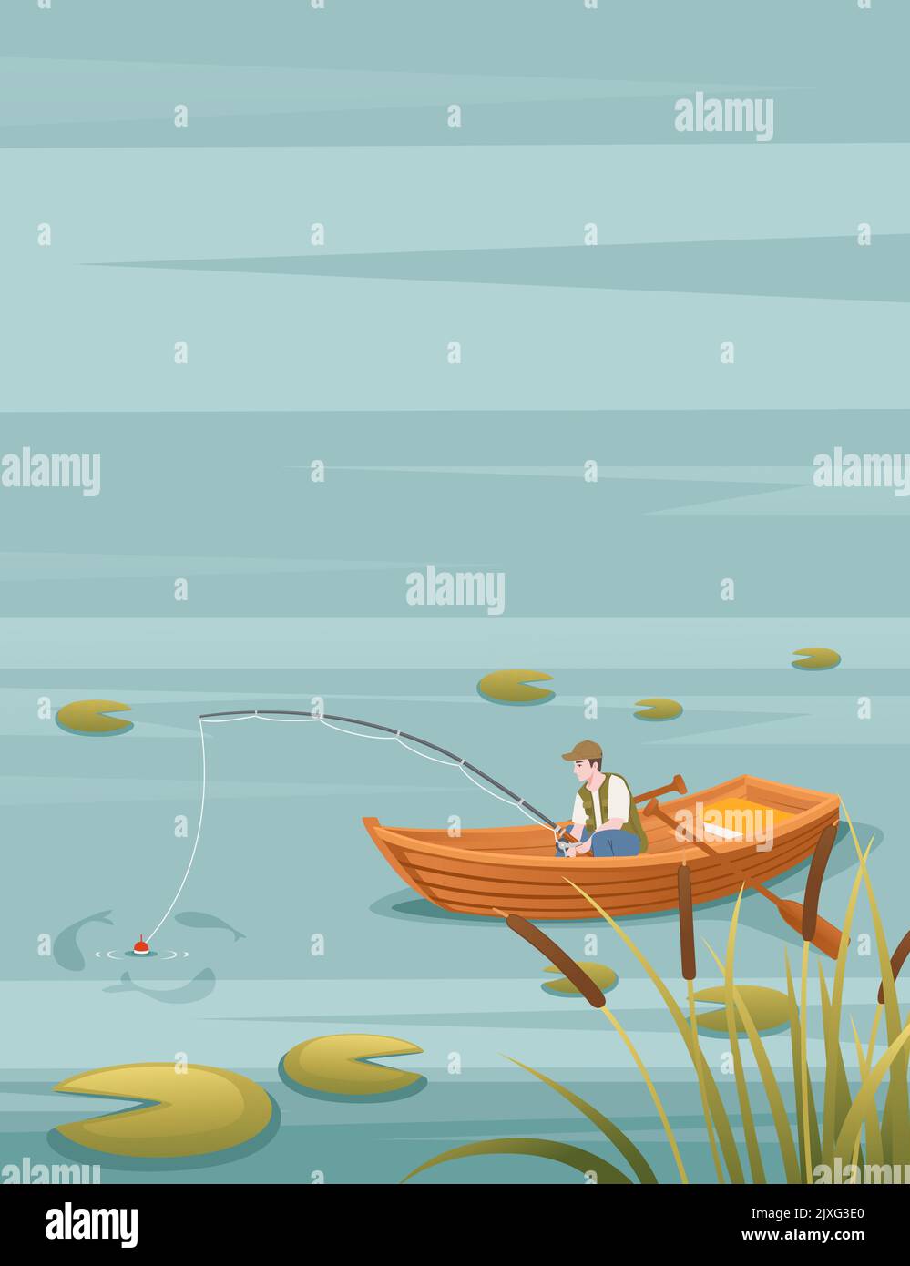 Fishermans sits on wooden boat and fishing with rod vector illustration ...