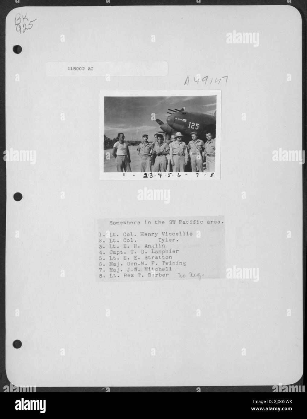 Somewhere In The Sw Pacific Area. 1. Lt. Colonel Henry Viccellio; 2. Lt. Colonel Tyler; 3. Lt. E. H. Anglin; 4. Capt. T. G. Lanphier; 5. Lt. E. E. Stratton; 6. Major General N. F. Twining; 7. Major J. W. Mitchell; 8. Lt. Rex T. Barber. [Taken C. April 18 Stock Photo