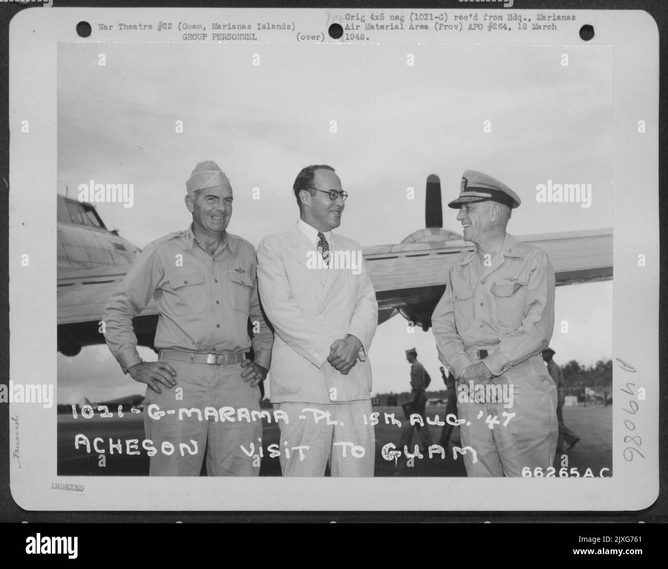 Upon His Arrival At Guam, Marianas Islands, Ambassador To Japanesean Acheson Is Greeted By Rear Admiral C. A. Pownell, Naval Governor Of Guam, And Major General Francis H. Griswold, Commanding General Of The Marianas And Bonin Islands Command. 15 August 1947. Stock Photo