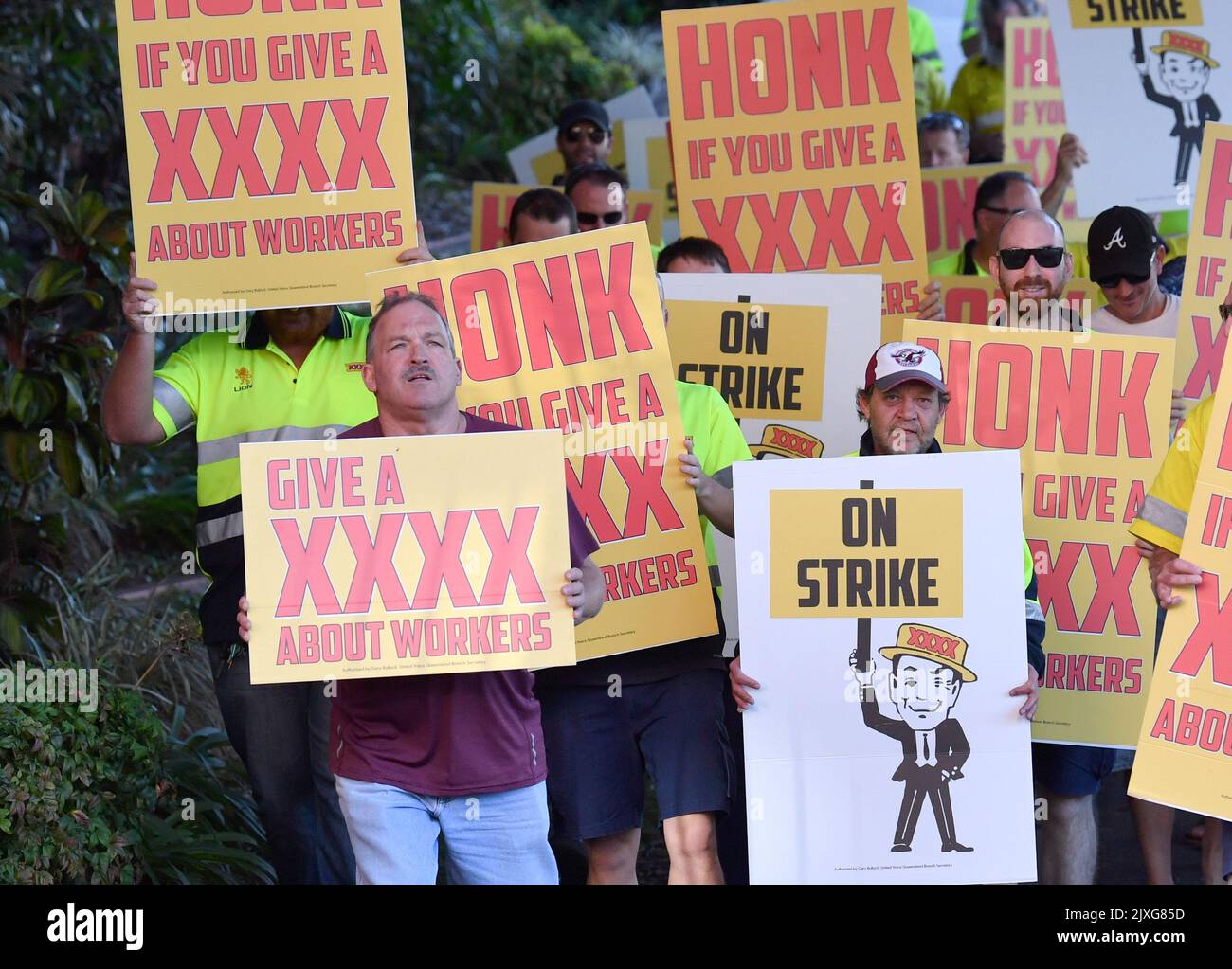 XXXX brewery workers are seen outside the Milton Brewery after walking off  the job in Brisbane, Friday, May 11, 2018. The workers union, United Voice  Queensland said in a press release that 