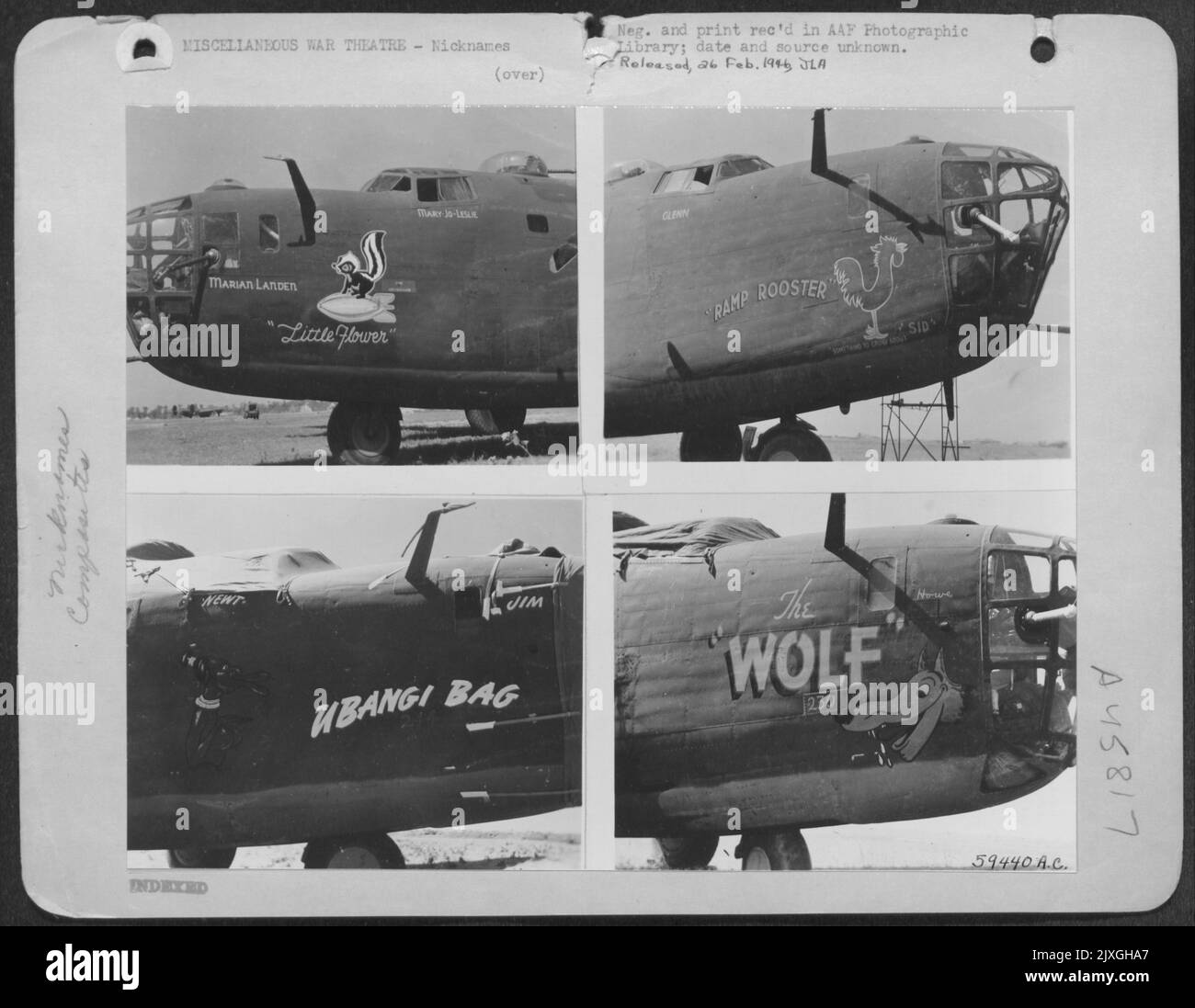 Composite Photo Of Nicknames On Consolidated B-24S. 'Little Flower', 'Ramp Rooster', 'Ubangi Bag', And 'The Wolf'. China-Burma-India. Stock Photo
